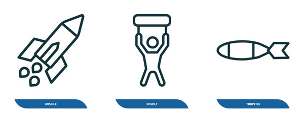 Poster - set of 3 linear icons from army and war concept. outline icons such as missile, revolt, torpedo vector