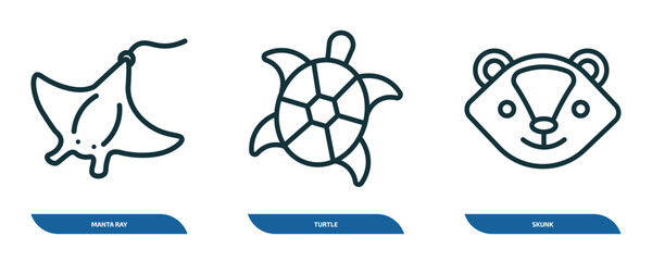 Poster - set of 3 linear icons from animals concept. outline icons such as manta ray, turtle, skunk vector