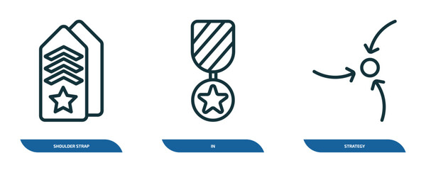 Poster - set of 3 linear icons from army and war concept. outline icons such as shoulder strap, in, strategy 