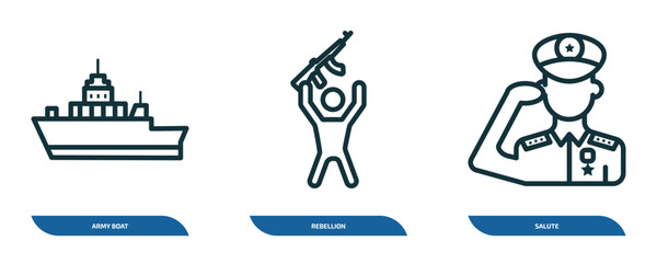 Poster - set of 3 linear icons from army concept. outline icons such as army boat, rebellion, salute vector