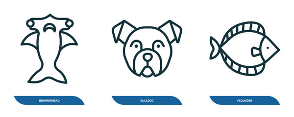 set of 3 linear icons from animals concept. outline icons such as hummerhead, bulldog, flounder vector