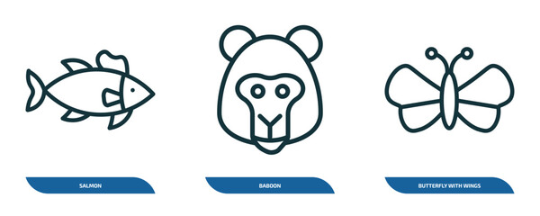 Poster - set of 3 linear icons from animals concept. outline icons such as salmon, baboon, butterfly with wings vector