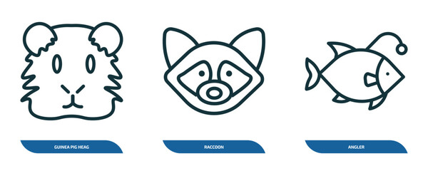 Poster - set of 3 linear icons from animals concept. outline icons such as guinea pig heag, raccoon, angler vector