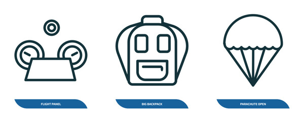 Poster - set of 3 linear icons from airport terminal concept. outline icons such as flight panel, big backpack, parachute open vector