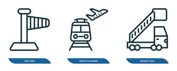 Poster - set of 3 linear icons from airport terminal concept. outline icons such as right wing, train to the airport, gangway truck vector