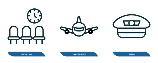 Poster - set of 3 linear icons from airport terminal concept. outline icons such as waiting place, plane front view, pilot hat vector