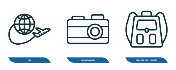 Poster - set of 3 linear icons from airport terminal concept. outline icons such as trip, vintage camera, book bag with pockets vector