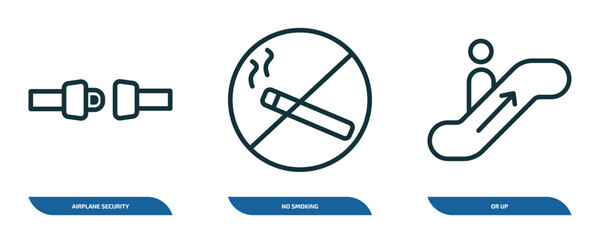 Poster - set of 3 linear icons from airport terminal concept. outline icons such as airplane security belt, no smoking, or up vector