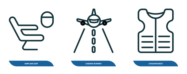 Poster - set of 3 linear icons from airport terminal concept. outline icons such as airplane seat, landing runway, lifesaver best vector