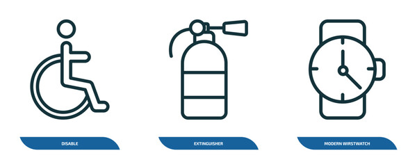 Poster - set of 3 linear icons from airport terminal concept. outline icons such as disable, extinguisher, modern wirstwatch vector