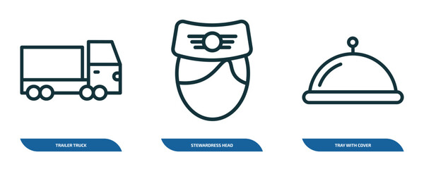 Poster - set of 3 linear icons from airport terminal concept. outline icons such as trailer truck, stewardres