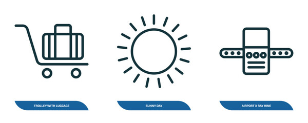 Poster - set of 3 linear icons from airport terminal concept. outline icons such as trolley with luggage, sun