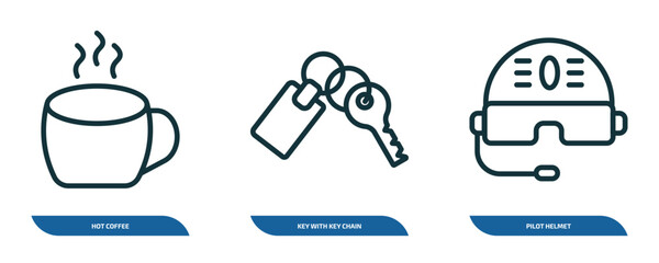 Poster - set of 3 linear icons from airport terminal concept. outline icons such as hot coffee, key with key chain, pilot helmet vector