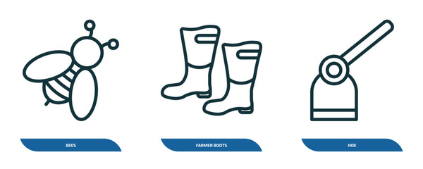 Poster - set of 3 linear icons from agriculture farming concept. outline icons such as bees, farmer boots, hoe vector