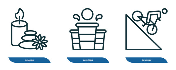 Poster - set of 3 linear icons from activity and hobbies concept. outline icons such as relaxing, beer pong, downhill vector