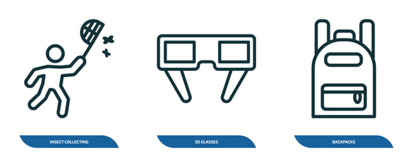 Poster - set of 3 linear icons from outdoor activities concept. outline icons such as insect collecting, 3d glasses, backpacks vector