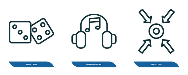Poster - set of 3 linear icons from activity and hobbies concept. outline icons such as table game, listening music, collecting vector