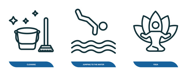 Poster - set of 3 linear icons from activity and hobbies concept. outline icons such as cleaning, jumping to 