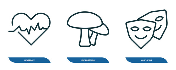 Poster - set of 3 linear icons from activity and hobbies concept. outline icons such as heart rate, mushrooming, cosplaying vector