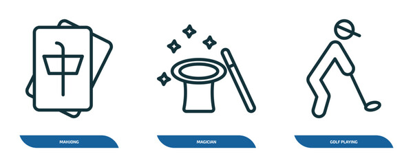 Poster - set of 3 linear icons from activity and hobbies concept. outline icons such as mahjong, magician, golf playing vector