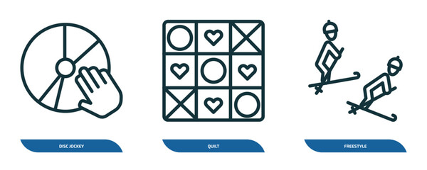 Poster - set of 3 linear icons from activity and hobbies concept. outline icons such as disc jockey, quilt, freestyle vector