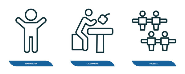 Poster - set of 3 linear icons from activity and hobbies concept. outline icons such as warming up, lace making, foosball vector