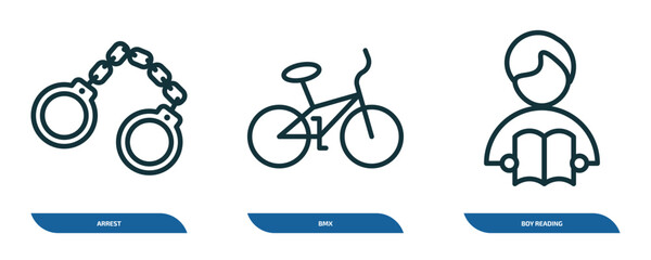 Poster - set of 3 linear icons from activity and hobbies concept. outline icons such as arrest, bmx, boy reading vector
