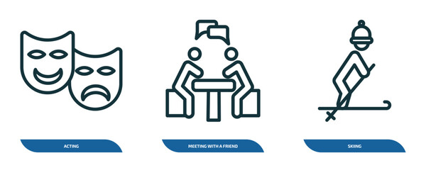 Poster - set of 3 linear icons from activity and hobbies concept. outline icons such as acting, meeting with a friend, skiing vector