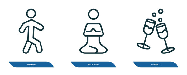 Poster - set of 3 linear icons from activity and hobbies concept. outline icons such as walking, meditating, hang out vector