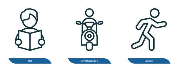 Poster - set of 3 linear icons from activity and hobbies concept. outline icons such as read, motorcycle riding, jogging vector