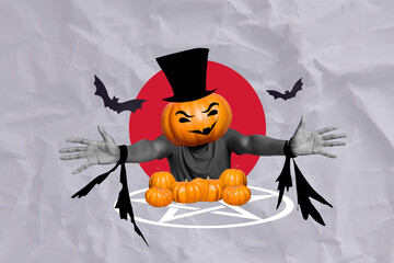 Poster - Picture collage of creepy male personage pumpkin face flying open hands catching you isolated on drawing paper background