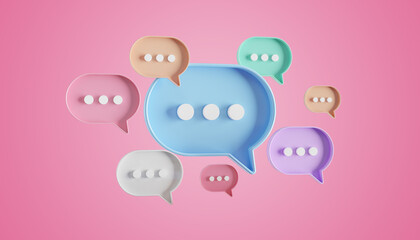 Wall Mural - Minimalist blue red orange green purple speech bubbles talk icons floating over pink background. Modern conversation or social media messages with shadow. 3D rendering