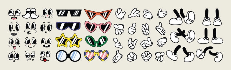 Set of 70s groovy comic vector. Collection of cartoon character faces in different emotions, hand, glove, glasses, shoes. Cute retro groovy hippie illustration for decorative, sticker.