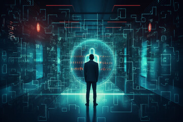concept of cyber security awareness vs hacker , virus, eye scan , fingerprint ,key , biometric protection