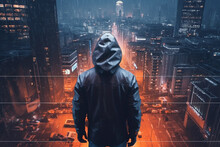 male as hero stands in front of big city in neon lights