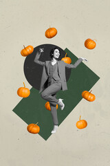 Wall Mural - Creative trend collage of excited young beautiful female dancing elegant pumpkin halloween party magazine surrealism banner