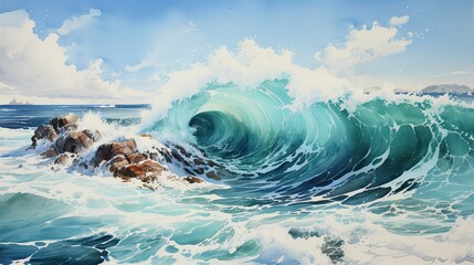 Wall Mural - Wonderful watercolors of the ocean in a big storm