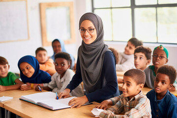 Wall Mural - muslim female teacher in front of her class