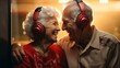 Elderly couple wearing headphones