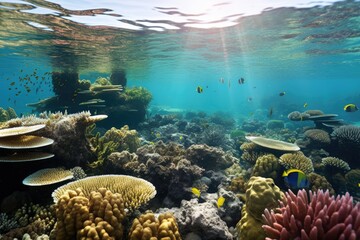 Wall Mural - wide-angle view of coral reef during spawning