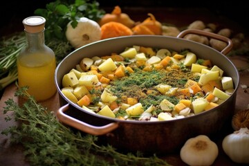 Poster - seasoning a vegetable casserole with spices and herbs