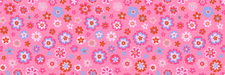 Vector y2k aesthetic barbiecore floral seamless pattern. Contemporary fun psychedelic daisies background. Trippy simple naive daisy flowers repeat texture. Baby style childish pink seamless backdrop