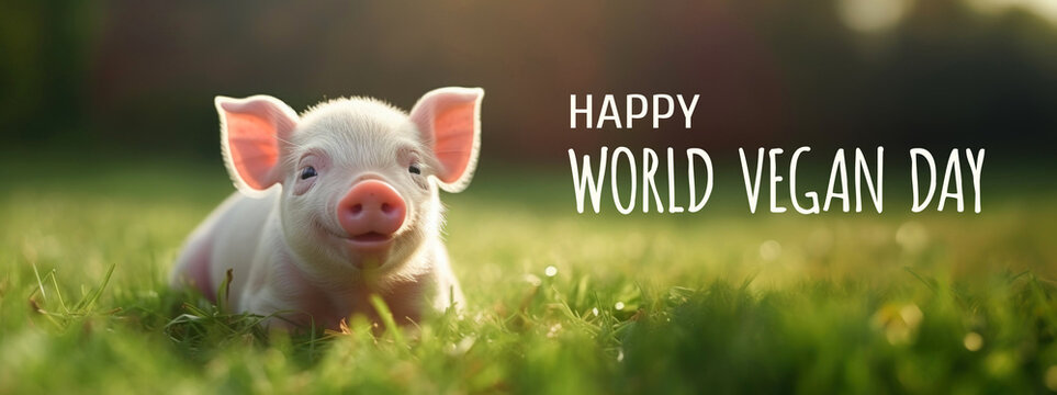 World Vegan Day 1 November. Happy cute piglet on the green lawn, Love animals, eat vegetable not meat for healthy life.