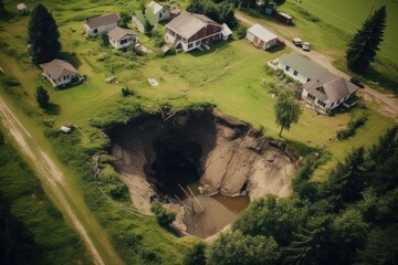 top-down view of a sinkhole in a remote rural setting