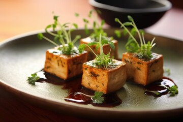 Sticker - freshly made tofu garnished with herbs on a plate