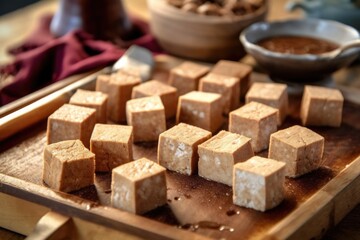 Canvas Print - close-up of freshly made tofu blocks on board