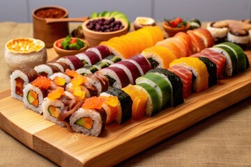 Sticker - various sushi rolls on a wooden serving platter