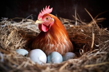 Wall Mural - close-up of a hen laying an egg in a cozy nest