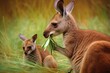 kangaroo joey nibbling on grass while in pouch