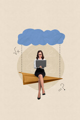 Aufkleber - Collage image of beautiful clever girl sitting plane calculating equation solving homework isolated on beige color drawing background
